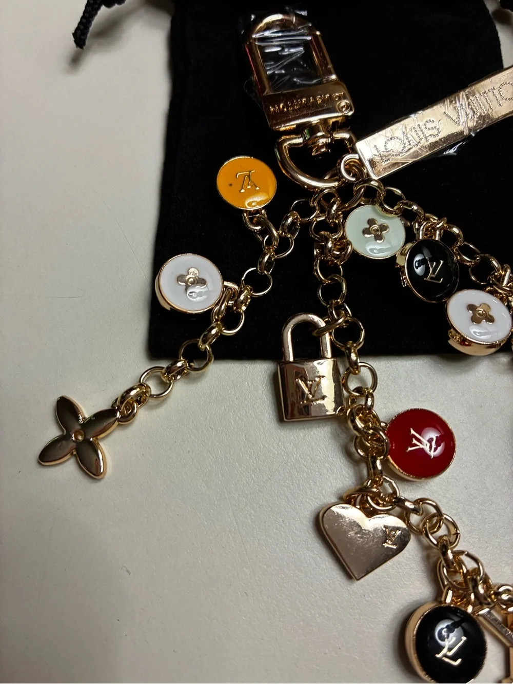 Louis Vuitton stamped Gold-Tone Multicolor Charm Keychain/ bag charmEnamel Discs